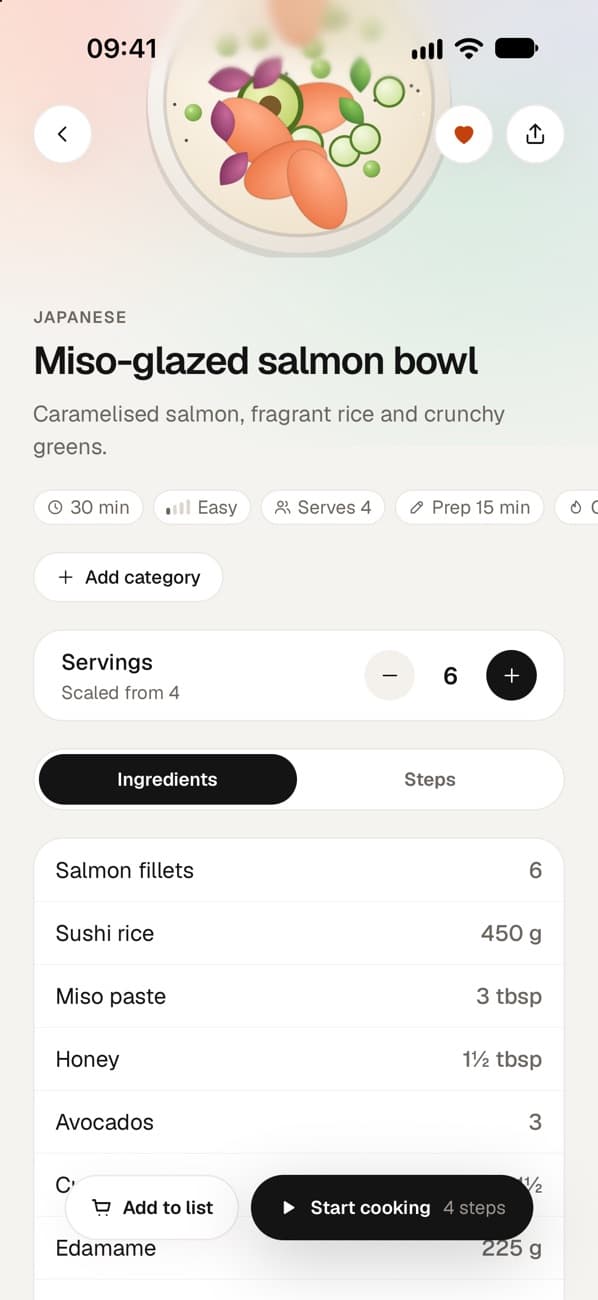 A recipe scaled to six servings